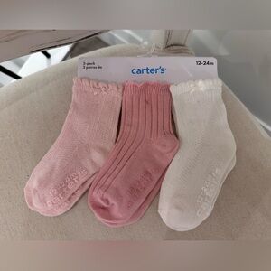 🎀 12~24 Mth Carter's Pink and White Bow Scallop Trim Baby Socks 3-Pack NWT